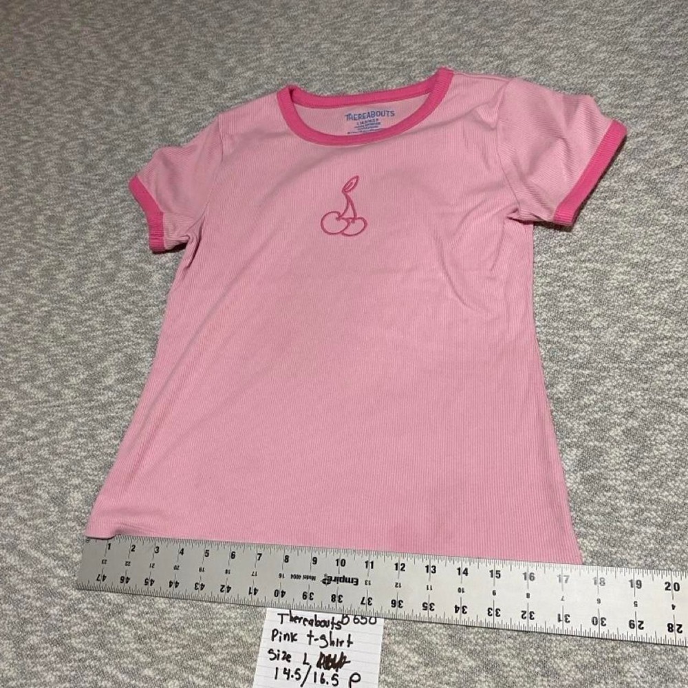 Thereabouts pink t-shirt with cherry graphic, teen size L (14.5/16.5). SKU-B650 - Picture 4 of 8